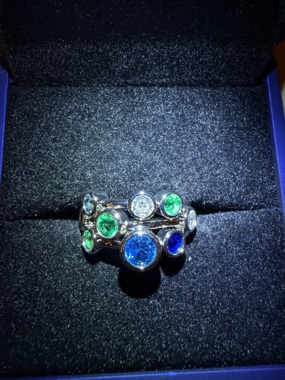 Blue Green Quartz Crystal Ring:  Multi-stone Bezel St, Boho Style, Silver Plated
